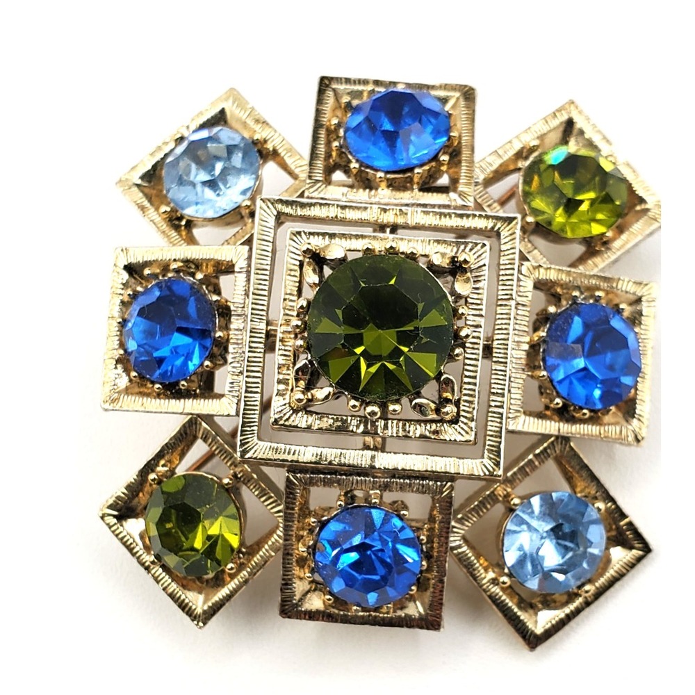 Vintage Lisner Multi Color Blue Green Gold Tone Rhinestone Brooch